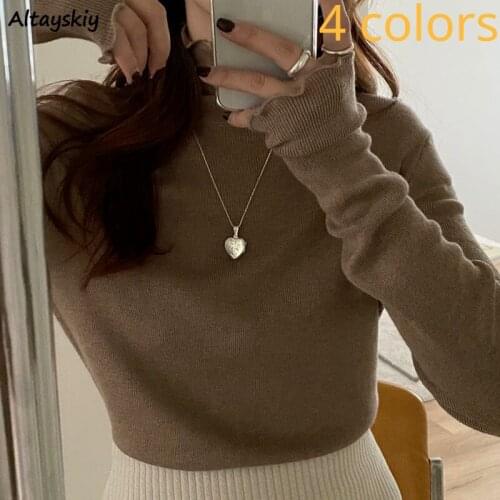 4 Colors Solid Sweaters Women Ruffled Collar Korean Style Elegant Spring Autumn Slim Knitting Female Pullovers Chic Popular Soft