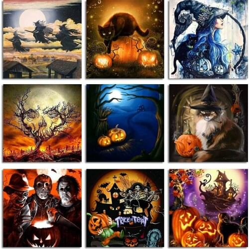 5D Diy Diamond Painting Halloween Night Diamond Embroidery Witch Diamond Mosaic Moon Landscape Full Drill Square Kit Craft Lx753