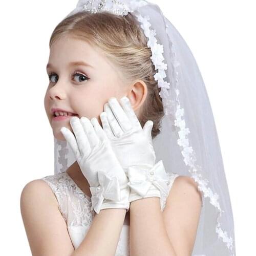 Infant Baby Children Girls Pageant Dance Princess Birthday Party Gloves White Bowknot Lace Flower Wedding Glove Age 3~8 Years