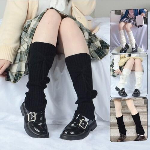 Apan Schoolgirl Leg Warmers Women Knit Winter Loose Style Bowknot Knee High Stockings JK Leggings Hip-hop Rock Lolita Socks