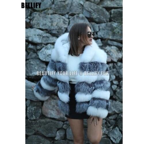 Custom Real Silver Fox Fur Vertical stripes patchwork leather stripe hooded coat outwear long jacket winter parka Winter Trench