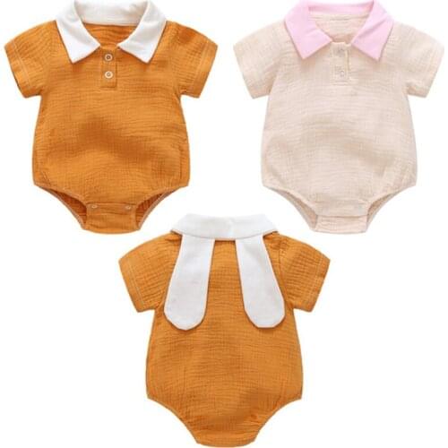 Summer Age 0-24M Newborn Baby Toddler Triangle Climbing Suit One-piece Bodysuits Lapel Bunny Rabbit Long Ears Gauze Cotton
