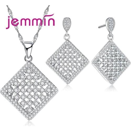 Fashion Square Shaped Jewelry Sets with Micro CZ Crystal Pave 925 Sterling Silver Pendant Necklace & Earrings Sets