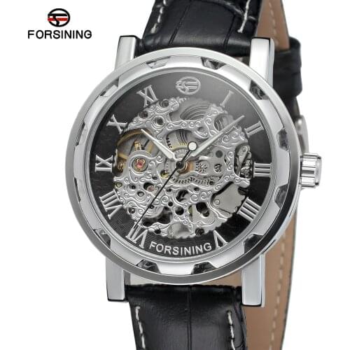 Fashion Forsining Top Brand Mens Watch Vogue Automatic Self-wind Movement Leather Strap Analog Skeleton Wristwatches