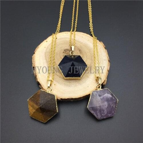MY0803 Hexagon Stone Pendant Necklace,Tiger Eye Amethysts Aventurine Blue Sand Pink Crystal Charm Gold Color Chain Necklace