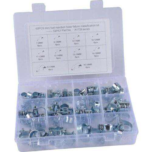 Set of 60Pcs Adjustable Stainless Steel Pipes Hose Clamps Clips (10 Sizes, 7-18 mm)