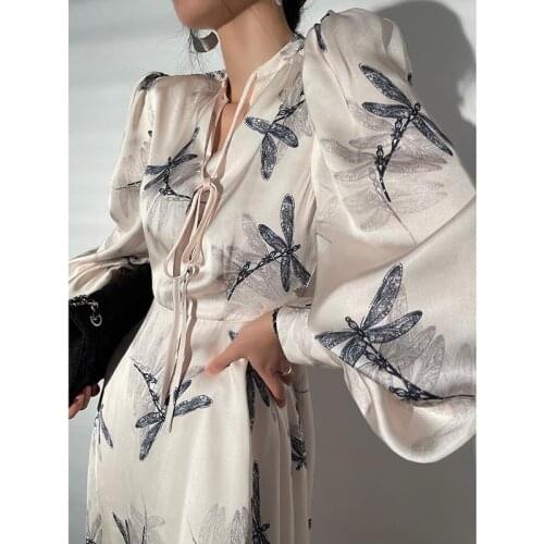 Early Autumn Womens Floral Print Satin Dress Deep V Long Sleeve Single Breasted High Waist Back Hollow Out Lady Loose Robe