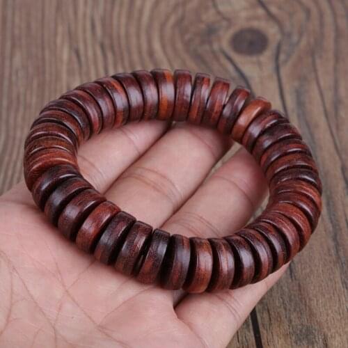 Flat coin natural dark red brown sandalwood sandal round wooden buddhism rosary prayer beads bracelet for man