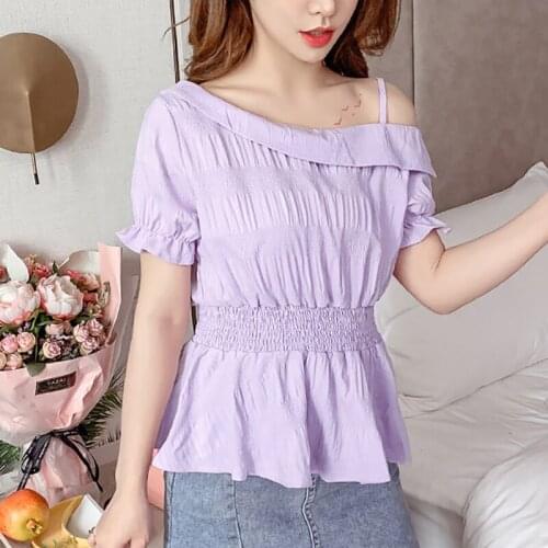 Off Shoulder Women Spring Summer Style Chiffon Blouses Shirts Lady Casual Skew Collar Short Sleeve Blusas Tops ZZ0369