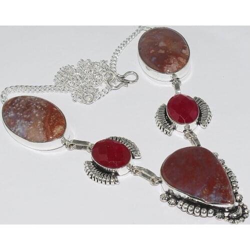 Agates & Rubys Necklace Silver Overlay over Copper , 51.5cm, N1182