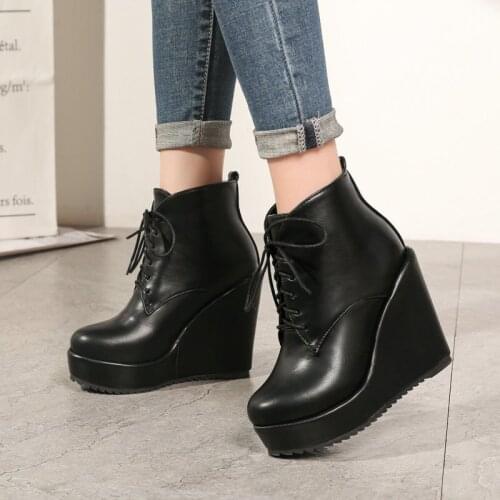 Ladies Fashion Wedge Heel Short Boots Spring Autumn Cross Tied Round Toe Womens Shoes Winter Platform PU Large Size Ankle Boots