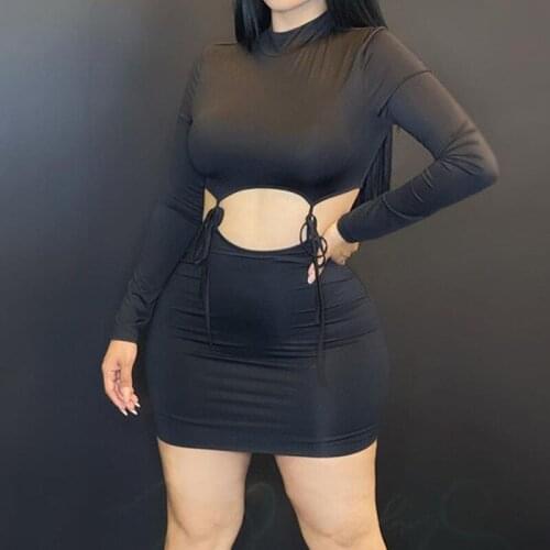 Sexy Club Solid Mini Skirt Matching Set Long Sleeve Crop Top + Bandage Skirt Lace Up Bodycon 2 pieces Suits Lady Fashion Outfits