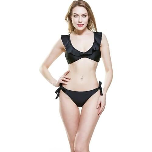 Z-LAI Sexy Solid Bikini Ruffle Shoulders Swimwear Low Waist Thong Two Pieces Swimsuit Bandage Bra Brazilian Suit For Women