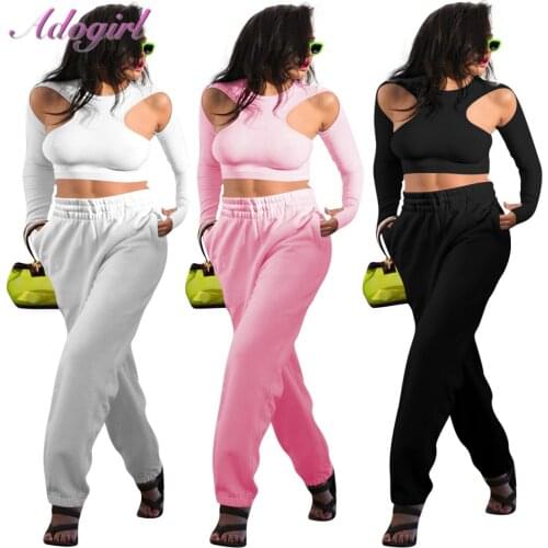 Fitness Women Two Piece Set Solid Long Sleeve Hollow Out Crop Top Jogging Pants Matching Set 2021 Autumn Outfit Sport Tracksuit