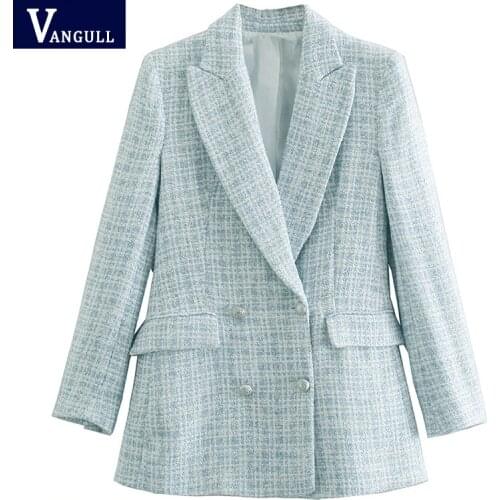 Vangull 2021 New Woman Suit Jacket Tweed Blazers Women Double Breasted Long Sleeve Plaid Outwear Coat Ladies Checkered Blazers