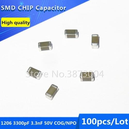 100pcs 1206 3300pF 3.3nF 50V COG/NPO 5% Thick Film Chip Multilayer Ceramic Capacitor