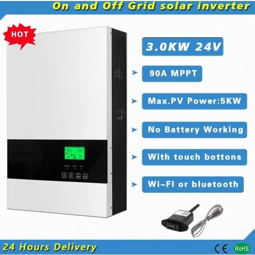 3000W 24VDC On and Off Grid Hybrid Pure Sure Wave Solar Inverter With 90A 120-450VDC PV Input MPPT No Battery Working With WIFI