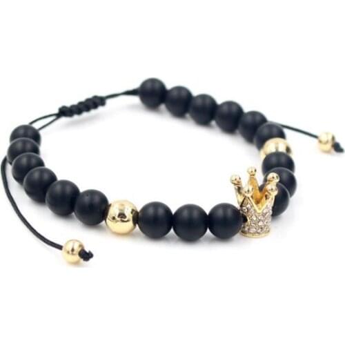 8mm fg4 micro pave cz zircon cubic zirconia elastic adjusted Charm nature Black stone volcanic lava bead Crown Charm Bracelet