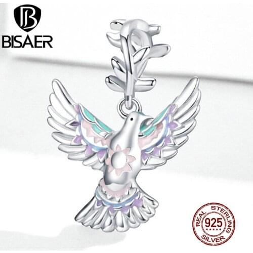 BISAER Pigeon Beads 925 Sterling Silver Colorful Enamel Bird of peace Charms Pendant Fit Bracelet Necklace Jewelry EFC295