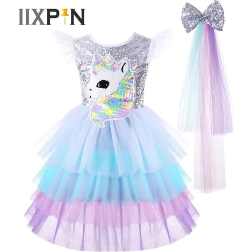 Kids Cosplay Cartoon Horse Printed Rainbow Sequins Dress Princess Girls Dress Childrens Party Dress Stage Performance Costumes