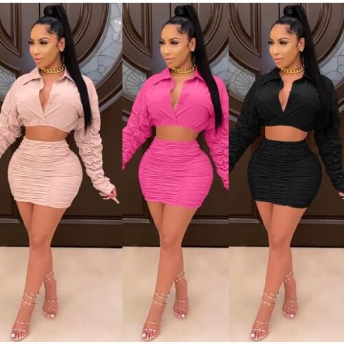 Two Piece Womens Summer Womens Long Sleeve Solid Color Fashion Personality Trend Womens Party Dress Cute Pleated Skirt Set