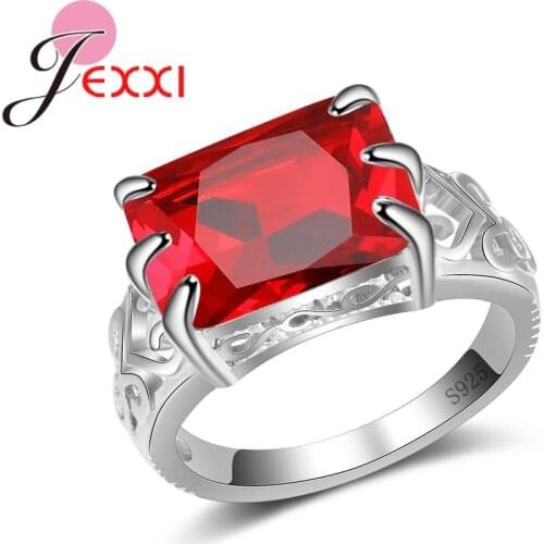 Beautifully Square Created Red Cubic Stones Ring 925 Sterling Silver Bridal Wedding Jewelry Anniversary Gifts New Arrival