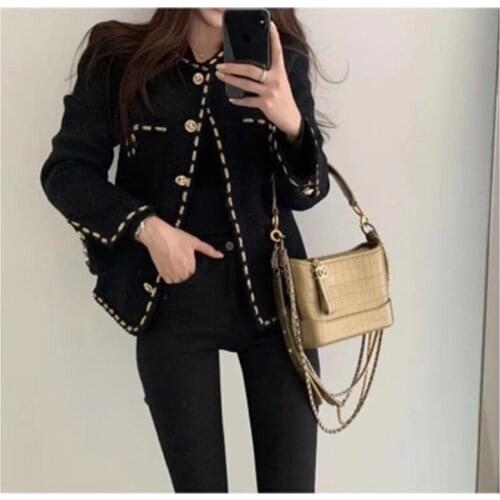 Fashion Vintage Tweed Short Coat Women Spring Autumn Casual Slim-fit Female Jackets Office Lady Cropped Coats Top
