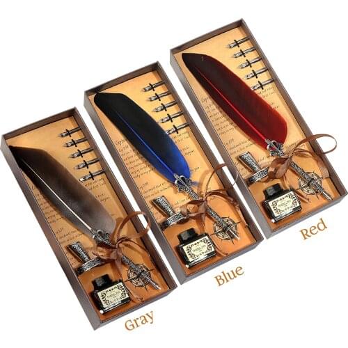 Vintage Feather Calligraphy Quill Dip Pen Set with 5 Nibs Holder Ink for Thanksgiving Graduation Teachers Day Stationery Gift