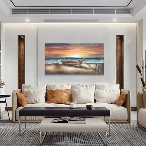 Boat Paintings Handmade On Beach Sunrise Blue Sea Warm Color On Canvas Wall Art Sailboat Hand Painted Artwork Home Walls Decor
