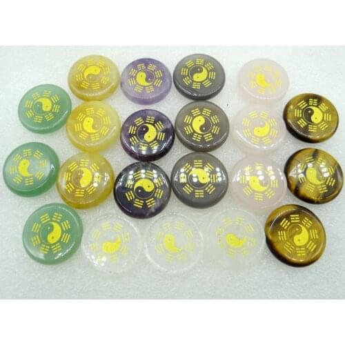 Natural stone Quartz Crystal aventurine round Eight Diagrams pattern pendants Charm jewelry making accessories No hole 7pcs