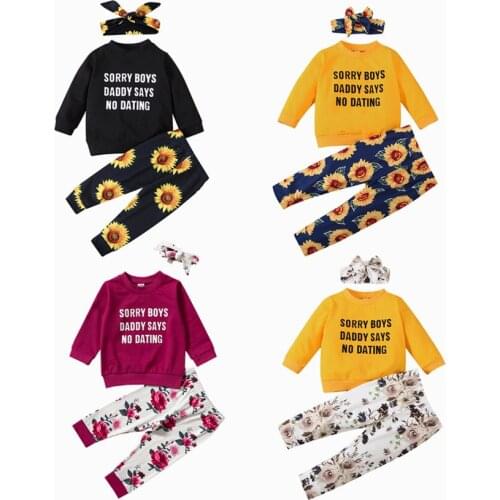 Baby Girls Autumn Sweater + Trousers + Bow Headband 3Pcs Set, 0-24M Infant Kids Flower Printed Casual Suit Loose Spring Clothing