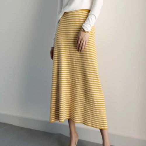 Autumn Plaid Skirt womens Simple A-line Dress Thick Knit Skirt Winter Warm knitting long skirt plaid skirt Knit skirts womens