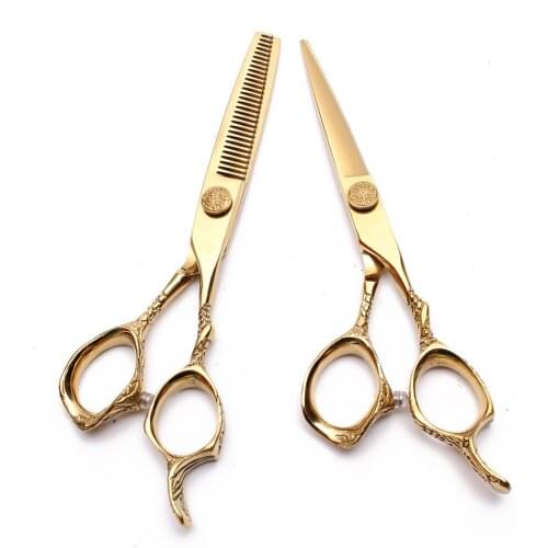 9001# 5.5INCH 440C Customized Logo Gold Professional Hairdressing Scissors Straight Shears Thinning Scissors Salon Hair Scissors