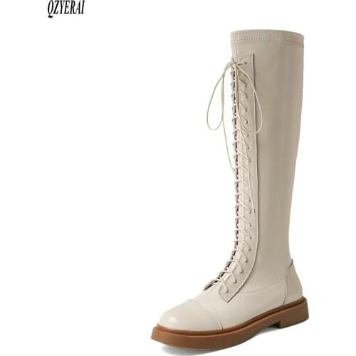 QZYERAI knee boots Female boots Genuine leather black white Womens boots Autumn winter Womens shoes Size 34-40