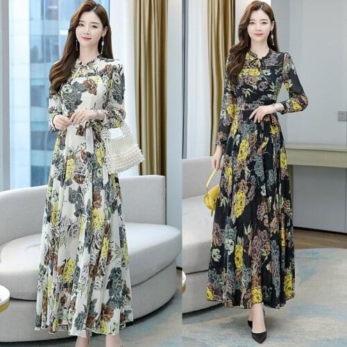 Floral Chiffon Dress Spring Autumn New Long Sleeve Waist Thin Length Dresses Women Black White Clothes