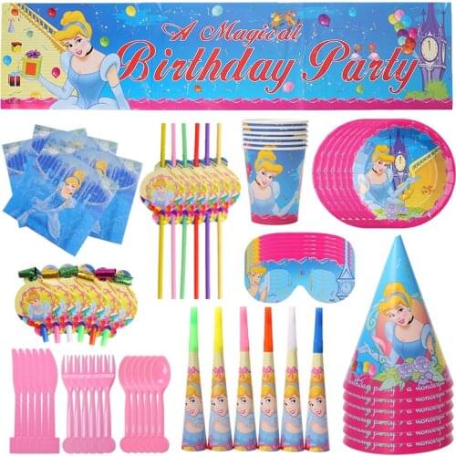 Disney Cinderella Theme Party Cup Plate Tablecloth Birthday Party Decorations Girls Favor Birthday Party Decorations Dinner Sets