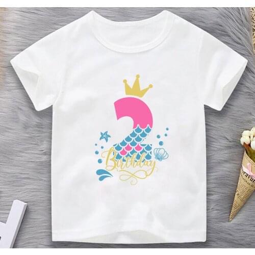 2T-9T Birthday Gift Tshirt Tops For Girls Mermaid Crown T Shirt Kids Clothes Harajuku Kawaii Children Clothing T-Shirt Girl
