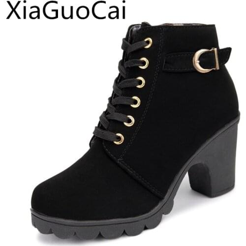 Plus Size Europe Women Winter Boots Buckle High Heels Female Boots Round Toe Spring and Autumn Martin Boots Drop Shipping 35