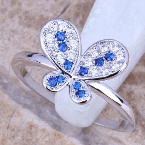 Shining Blue Cubic Zirconia White CZ Silver Plated Womens Jewelry Butterfly Ring Size 6 / 7 / 8 / 9 R0487