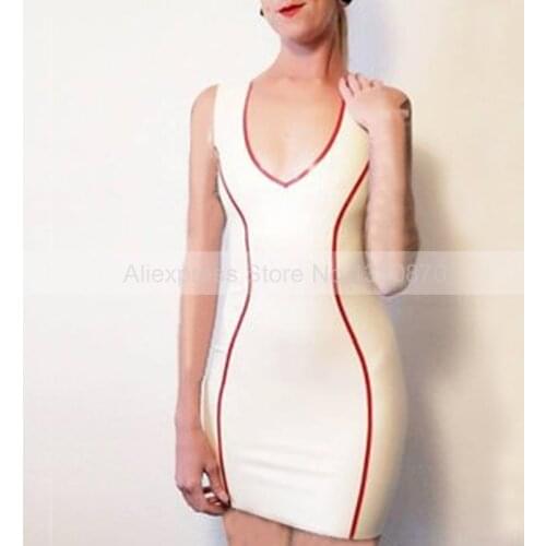 Deep V White and Trims Red Sexy Women Female Latex Dress Slim Sleeveless Rubber Club Party Dresses Handmade S-LD293