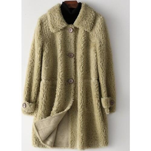 Winter Warm Wool Women Coat High Quality Loose Sheepskin Jacket Black Fashion Long Sleeves Pocket Cute Fur Turn Down Outwear