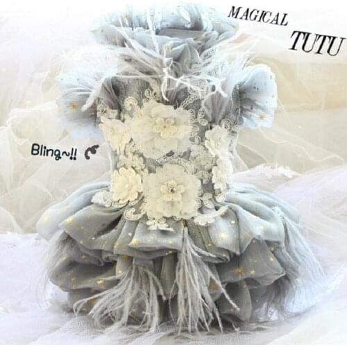 Free Shipping Luxurious Dog Clothes Pet Wedding Dress Celebrities Senior Gray 3D Pearl Head-Ornaments Feather Royal Yorkie