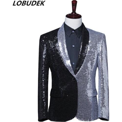Mens Black Silver Sequins Splicing Shawl Collar Suit Jackets Asymmetric Tuxedo Blazer Stage Singer Host Performance Slim Coat