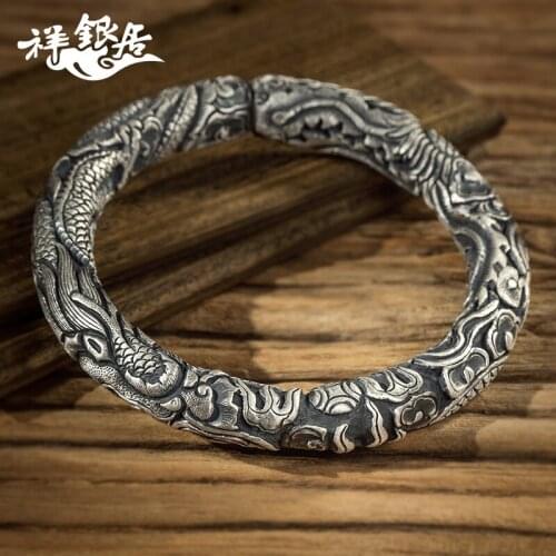 S999 Sterling Silver Bracelet pure silver dragon phoenix peony Bracelet high relief craft