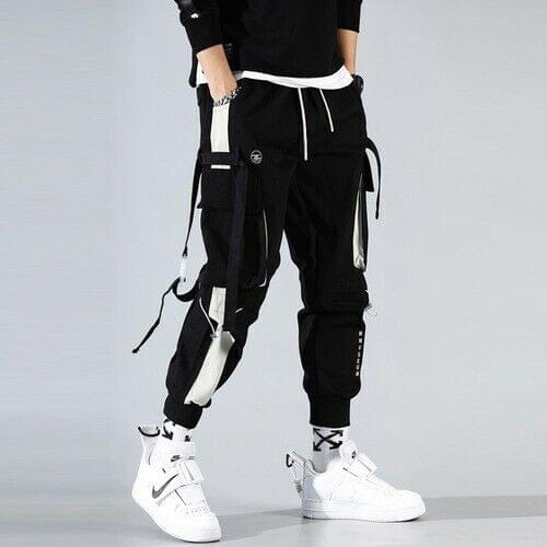 Men Black Harem Pants Multi-pocket Casual Pants Streetwear Cargo Pants