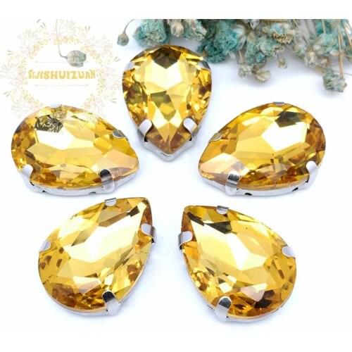HOT!!! Golden yellow Water drop shape Glass Crystal sew on rhinestones with four claw Diy Clothing accessories Free shipping