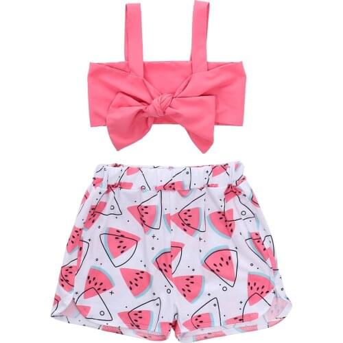 Toddler Baby Girls Summer Clothes Sets, Off Shoulder Bowknot Tube Bowknot Top + Watermelon Printed Short Pants 1-6Years