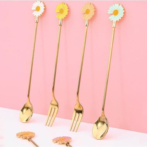Daisy Sun Flower Mini 304 Stainless Steel Coffee Stirring Spoon Dinner Fruit Fork Teaspoon Dessert Tea Spoon Tableware Children