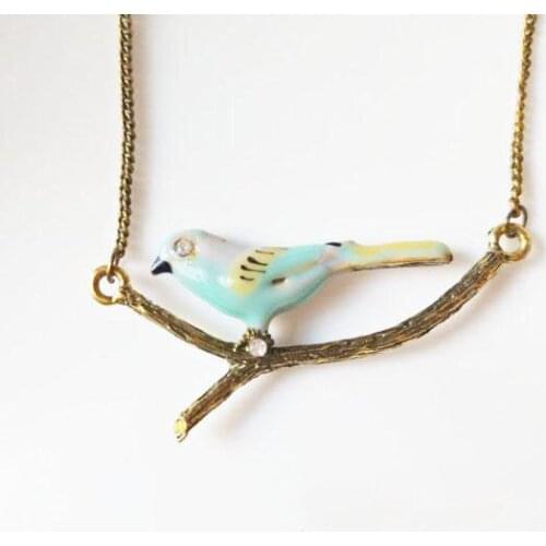 Fashion Jewelry Vintage Stereo Cute Glaze Bird Branch Pendant Necklace