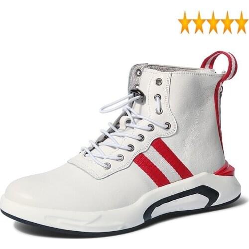 New Mens 2021 Autumn Design Elastic Band Genuine Leather Casual Shoes High Top Sneakers Fashion White Black Ankle Boots